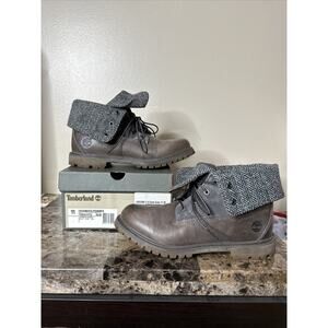 Timberland Harris Tweed Women's Fold Down Leather Boots Size 11 Brown Gray Teddy